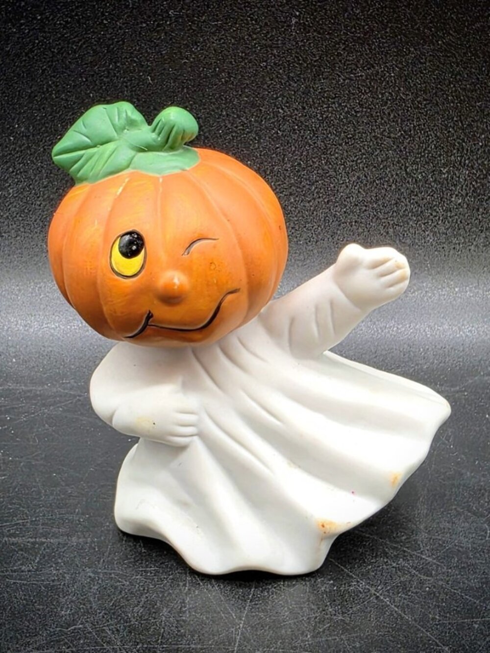Winking Pumpkin Head Ghost Figurine Halloween Jack-O-Lantern Kitschy Vtg 1990s